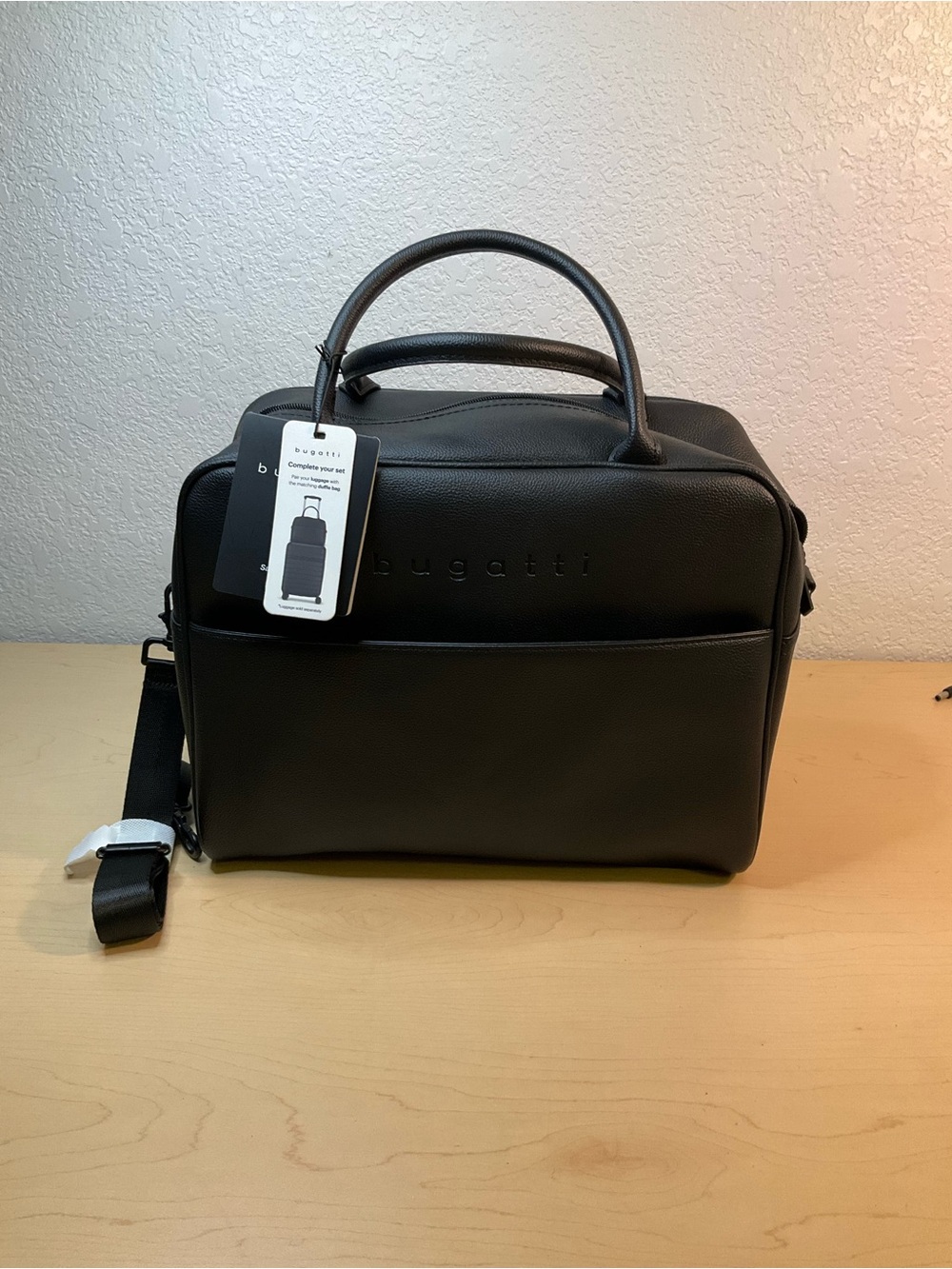 Bugatti Black Pebbled Leather Laptop Bag with Shoulder Strap